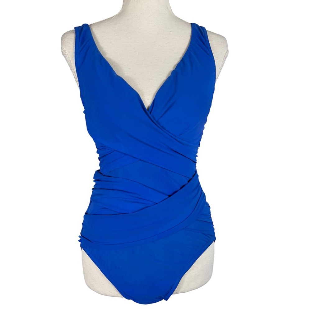 Karla Colletto Swimsuit Womens 10 Blue Nylon Wrap Ruched One Piece Luxury Beach